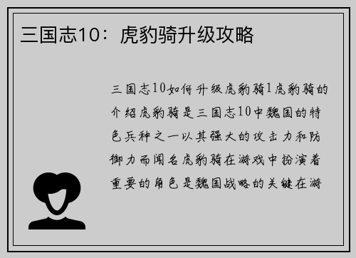 三国志10：虎豹骑升级攻略