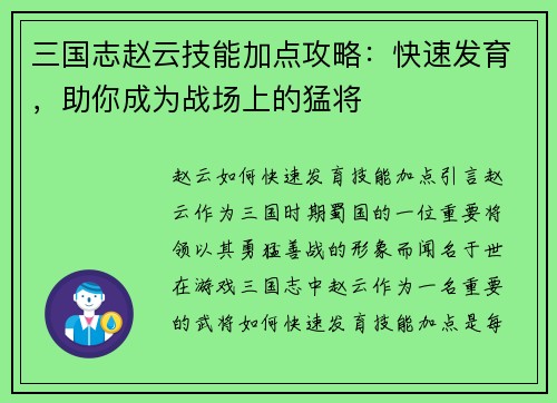三国志赵云技能加点攻略：快速发育，助你成为战场上的猛将