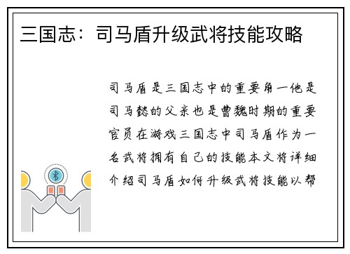 三国志：司马盾升级武将技能攻略