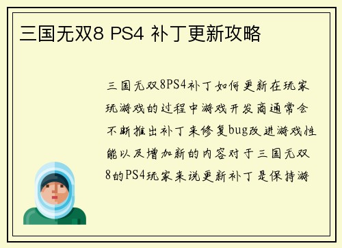 三国无双8 PS4 补丁更新攻略